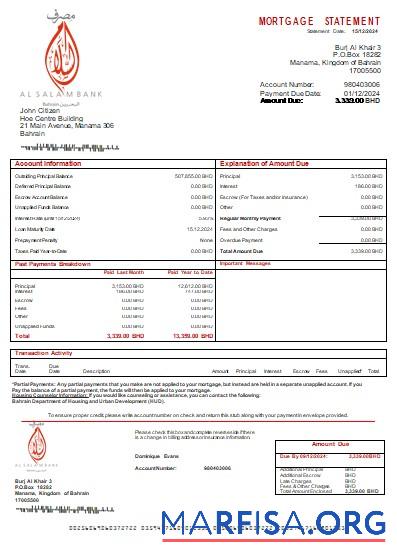 Printable Bahrain Al Salam Bank bank mortgage statement scr sample